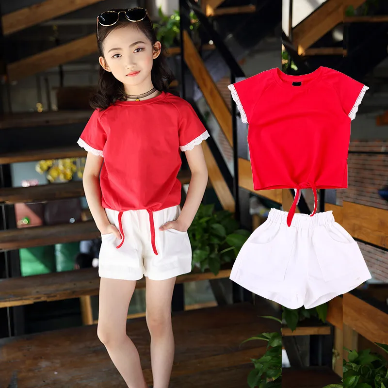 

2018 Kids Baby Suit Summer Toddler Clothes Sport Cotton Costume Children Clothing for Girls Lace T-shirt+solid Shorts Active Set