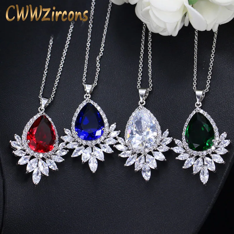 

CWWZircons High Quality Big Water Drop Green Blue Cubic Zirconia Stone Necklaces Pendants For Women Fashion Jewelry Gift CP004