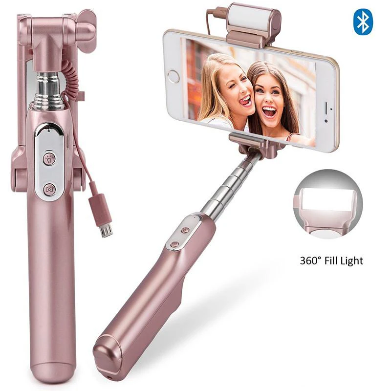 

Hot selling Portable Extendable Handheld Monopod with Mirror Wired Selfie Stick with LED fill light power bank for phones