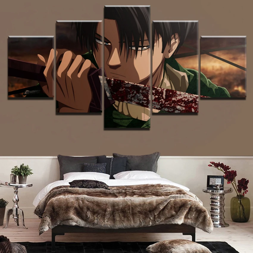 

Canvas Wall Art Print Anime Painting Frame Modern Picture 5 Panels Attack on Titan Blood Levi Ackerman Sword Poster Home Decor