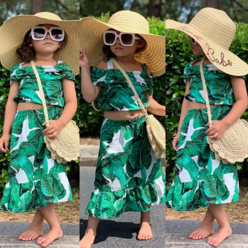 

Fashion 2pcs Toddler Kids Baby Girl Summer Green Leaves Tops+Dress Beach Holiday Outfits Clothes Set