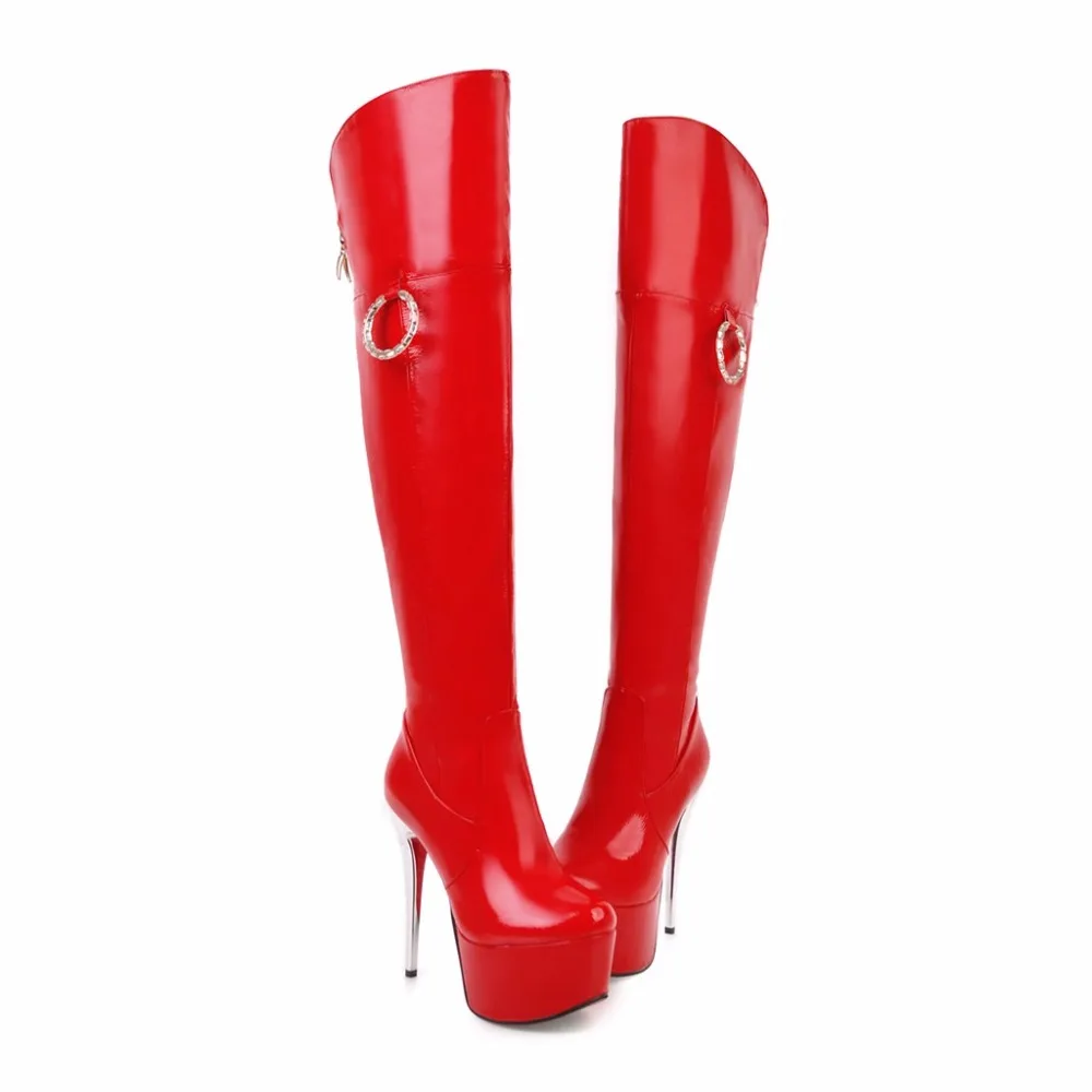 Alionashoo/пикантные сапоги до бедра из лакированной кожи на высоком каблуке; зимние женские сапоги выше колена; большие размеры; обувь на платформе и молнии; цвет черный, красный