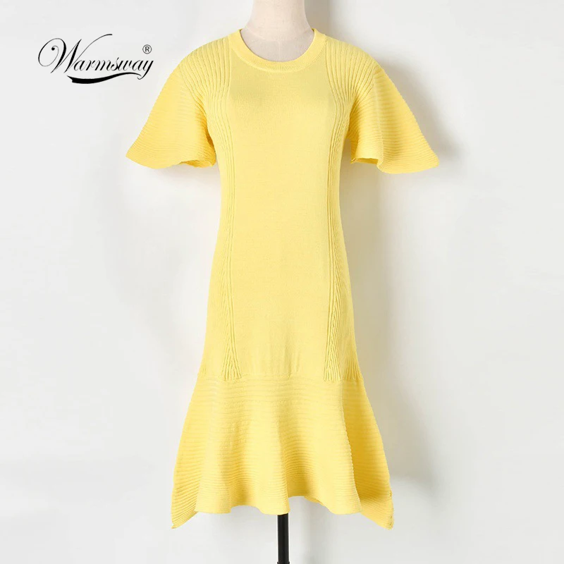 Women Neon dress 2019 Vintage Flare Short Sleeve Slim Knitted Mermaid Dress Ladies Yellow Sweater Dress C-220