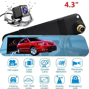 

4.3 Inch Car DVR rearview mirror driving recorder Auto Video Recorder Dual camera night vision Dash Cam 120 degree Wide Angle