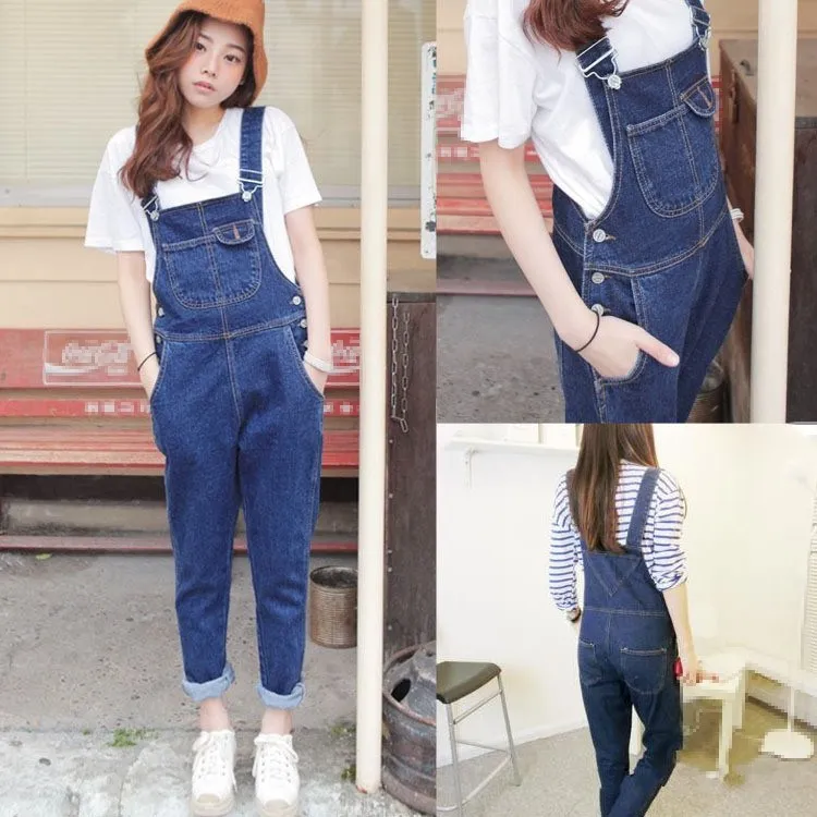 2018 Autumn Women Solid Denim Jumpsuit Pockets New Pocket Casual Long Romper Fashion Button Loose Overalls