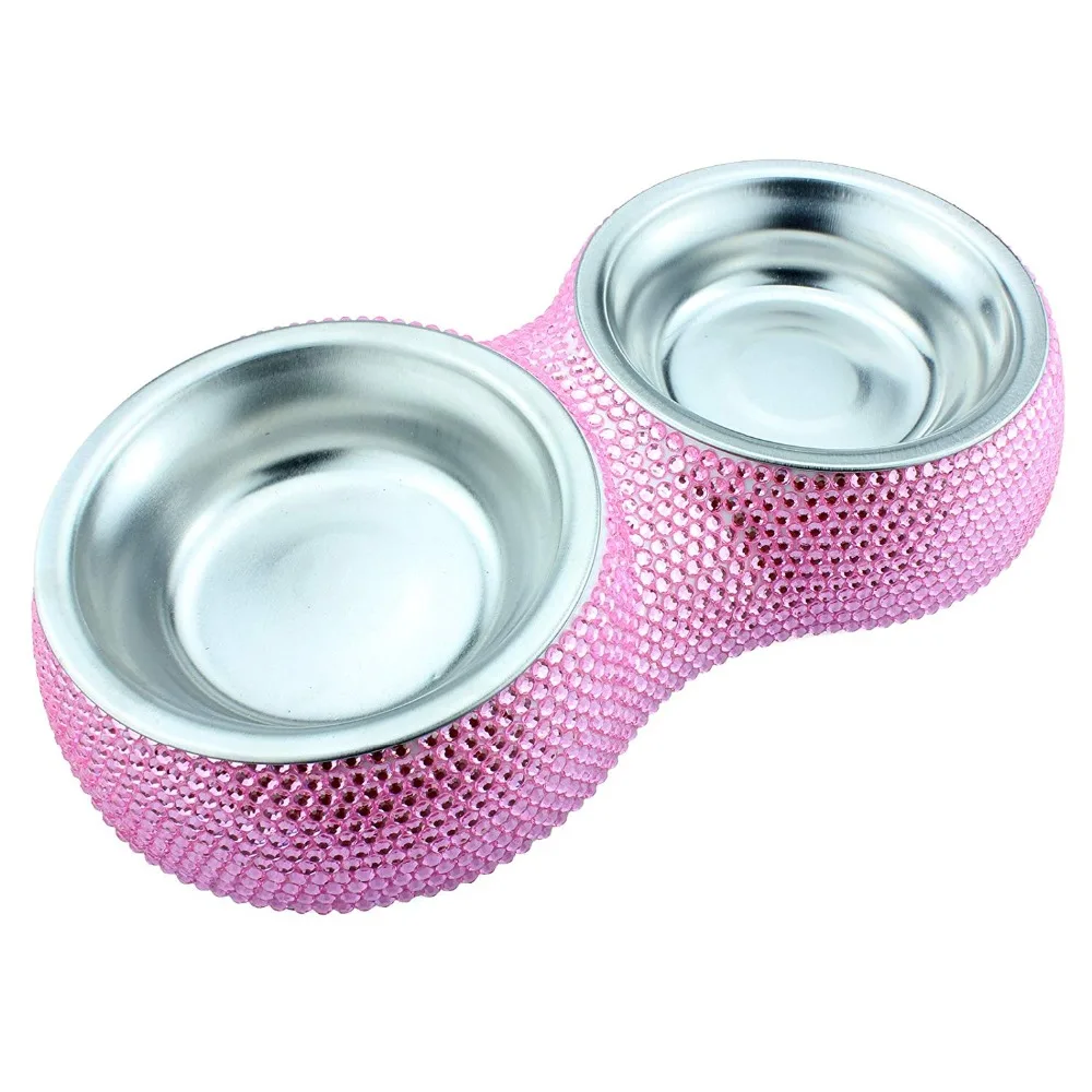 

Bling Bling Crystal Rhinestones Metal Stainless Steel Double Diner Pet Cat Small Dog Bowl