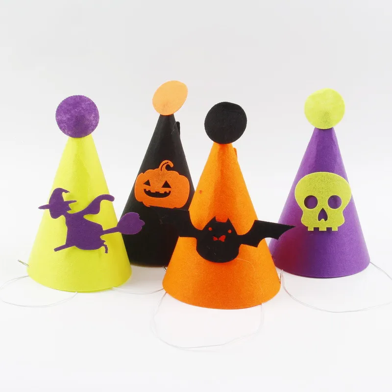 

4Pcs Children Felt Cloth Pumpkin Skull Bat Witch Pattern Cosplay Costume Accessories Creative Halloween Party Hats Decoration
