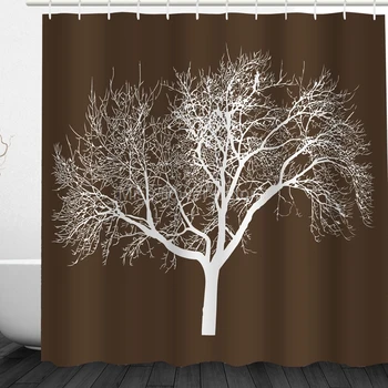 

White Brown Tree Pattern Design Custom Shower Curtains Bathroom Waterproof Mildew Polyester Fabric + 12 Hooks
