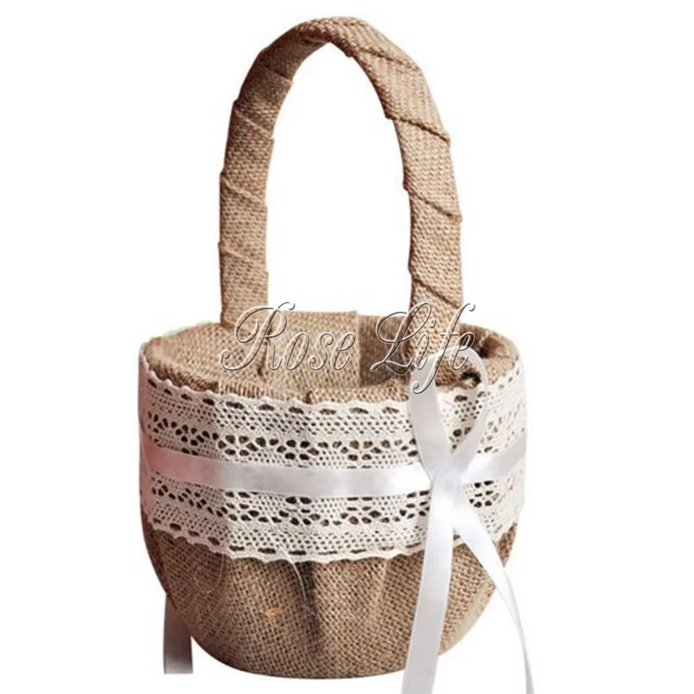 Vintage Hesian Burlap Wedding Petal basket Flower girls basket Bridal