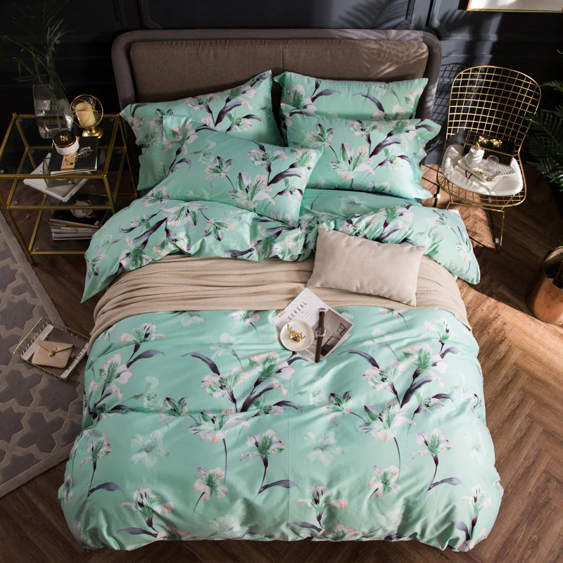 2018 Brief Flowers Light Green Bedding Set 4Pcs Queen King ...