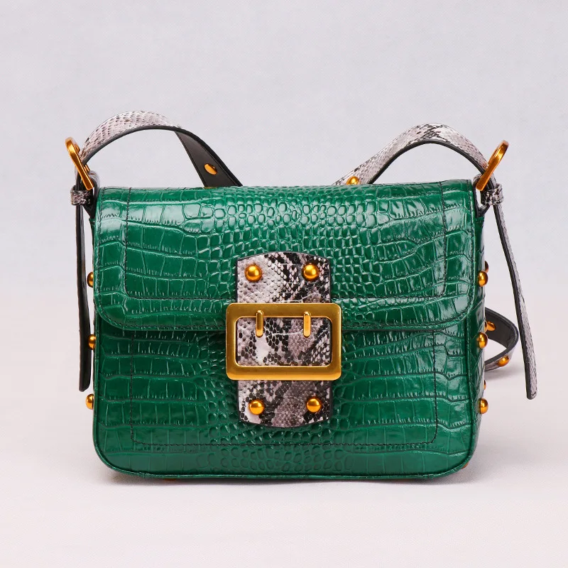 

Bags ForWomen 2018 Fashion Serpentine Handbags Genuine Leather Flap Green Ladies Crossbody Messenger Hand Bag