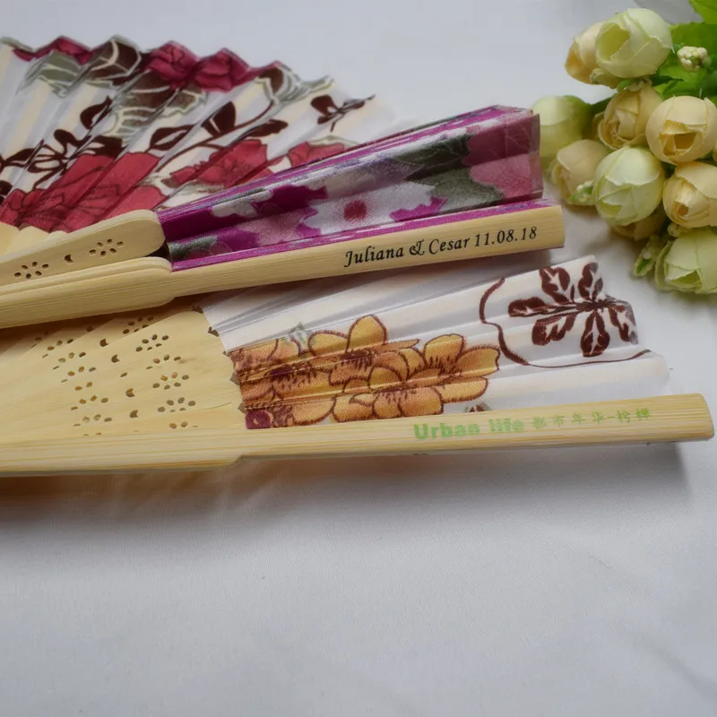 

80pcs Personalized Chinese Flower Hand Fan Customized Name & DateWedding Favor Cloth Fan Cherry Blossoms Folding Hand Fan