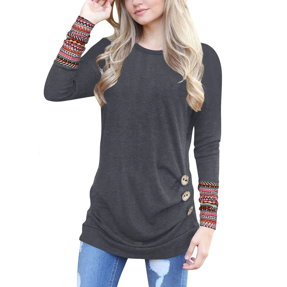 

Autumn Ladies O-Neck Long Sleeve Casual Cotton T-Shirt Spring 2019 Women's Vogue Buttons Patchwork Tee Tops Cropped Feminino #YL