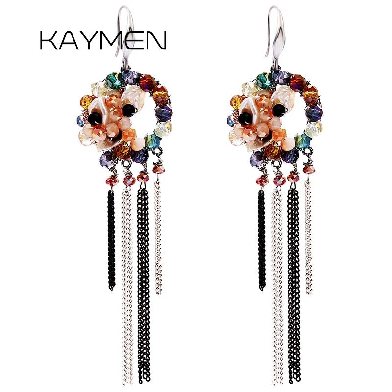 

KAYMEN Unique Handmade Crystal Tassels Long Earrings for Women Golden Plated Fashion Weaving Drop Dangle Earrings EA-04151