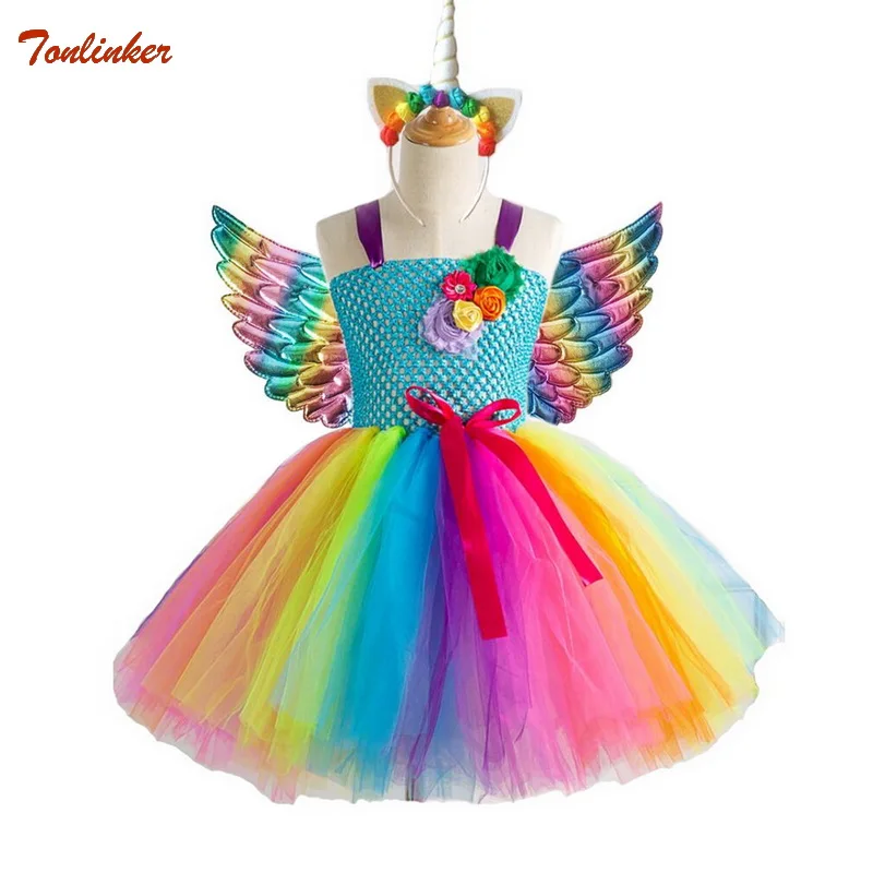 

New Girl Rainbow Unicorn Dressing Up Outfit Gold Headband Wings Kids Costumes For Children Princess Girls Halloween Party Dress