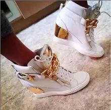2016 Hot Women Height Increasing Brand Shoes Lace-Up High Sneakers Top Quality Metal chain Ankle Casual Shoes Zapatos Mujer cyabmoz women high heels platform shoes wedge genuine leather height increasing lace up low top party ladies shoes zapatos mujer