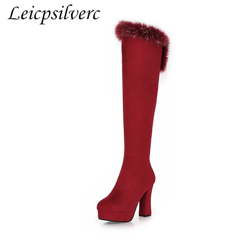 

winter Thick heel High heels Suede High boots zipper Fur boots Comfortable warm Young woman High heels Women's shoes Big size