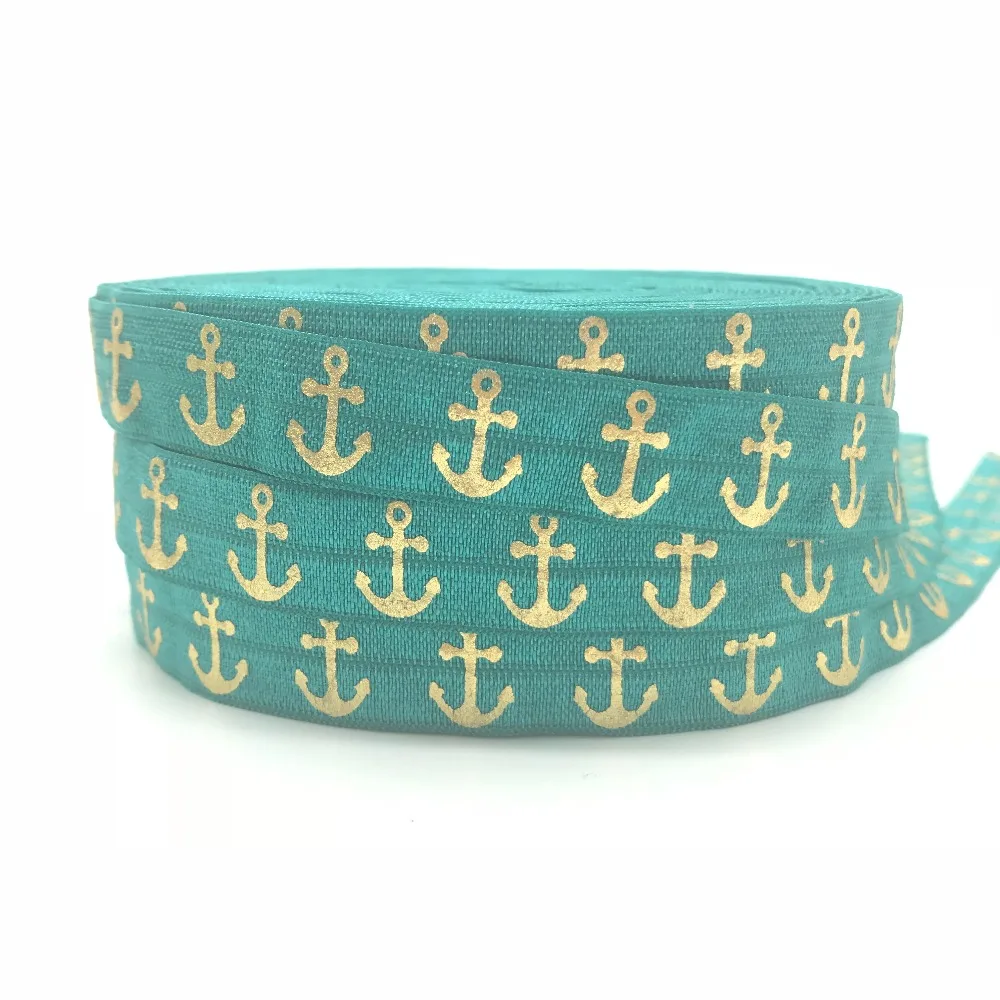 

10 yards 5/8" High Quality Gold Foil Anchor Print Fold Over Elastic Green FOE Elastic Ribbon for Hair Tie DIY Hair Accessories