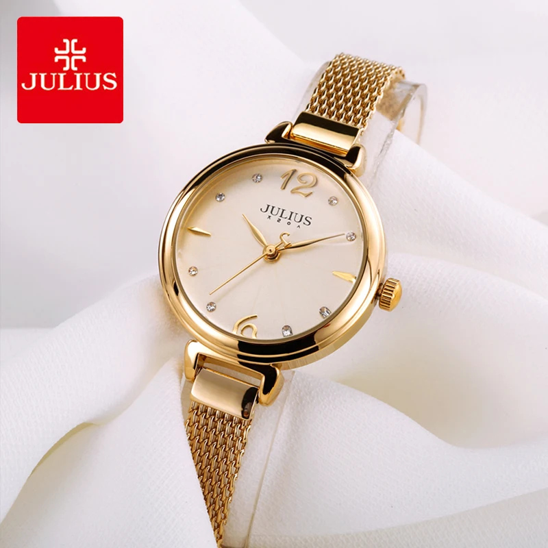Kopen Julius Merk Lady Crystal Dial Horloge Roestvrij Stalen Gaas Riem Rose Goud Kleur Armband Horloges Vrouw Reloj Mujer Geschenken