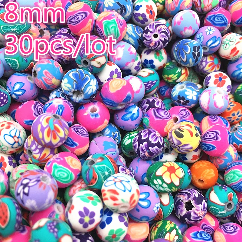

30pcs 8mm Fimo Polymer Clay Flower Pattern Printing Beads Round Loose Beads Mix Colors for Make Jewelry