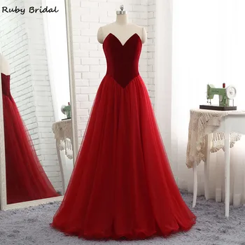 

Ruby Bridal Vestido De Festa Long Evening Dresses Burgundy Tulle Elgant Luxury A-line Cheap Strapless Party Prom Gown P130