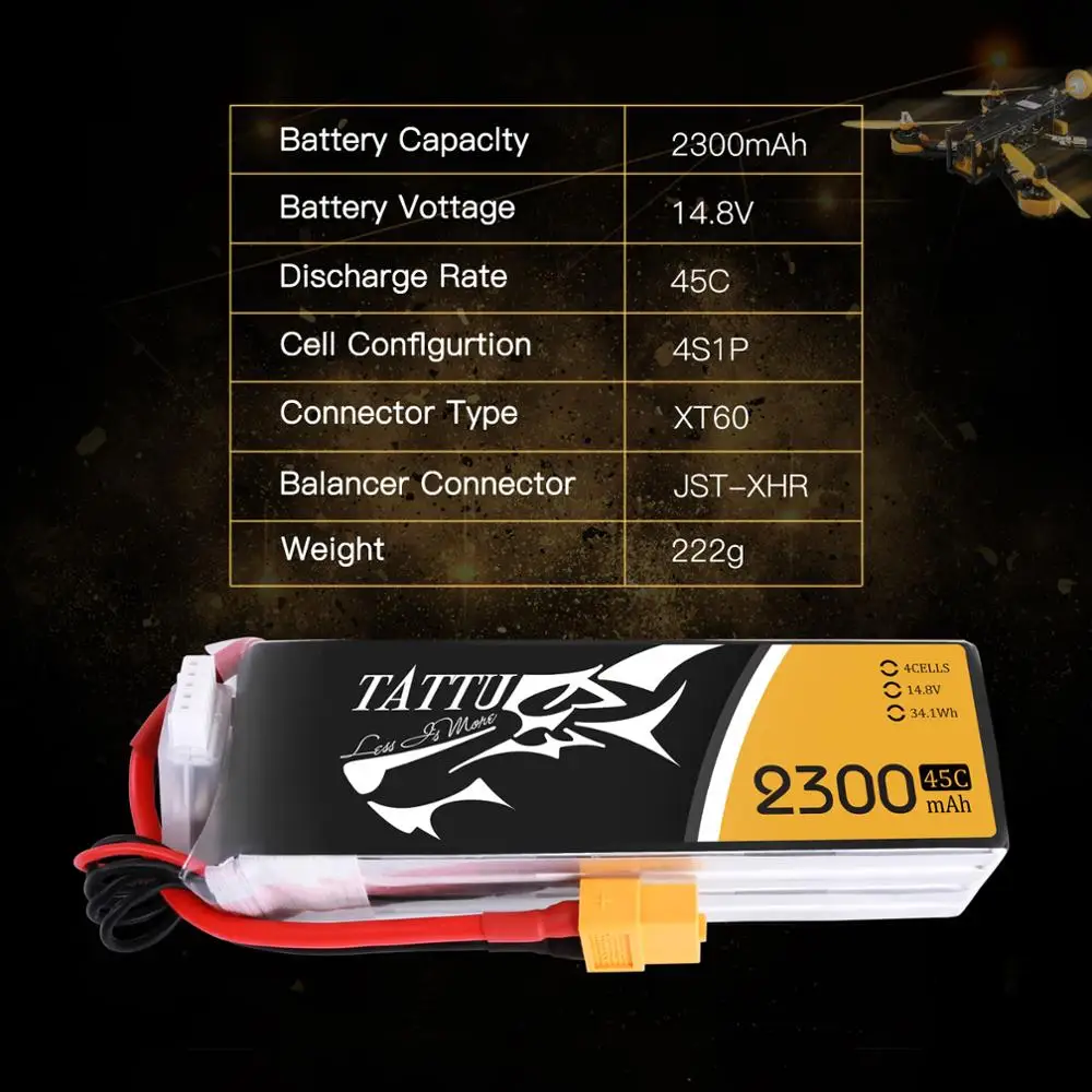 Литий-полимерный аккумулятор tattu 14,8 V Lipo 4S 2300mAh аккумулятор XT60 штекер 45C Lipo Akku FPV Дрон Квадрокоптер рама RC автомобиль вертолет БПЛА