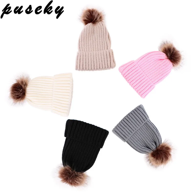 Puseky Artificial Fur Hat For Kids Children Baby Boys Girls Winter Ball Knit Faux Raccoon Pom Bobble Beanie Caps | Детская одежда и