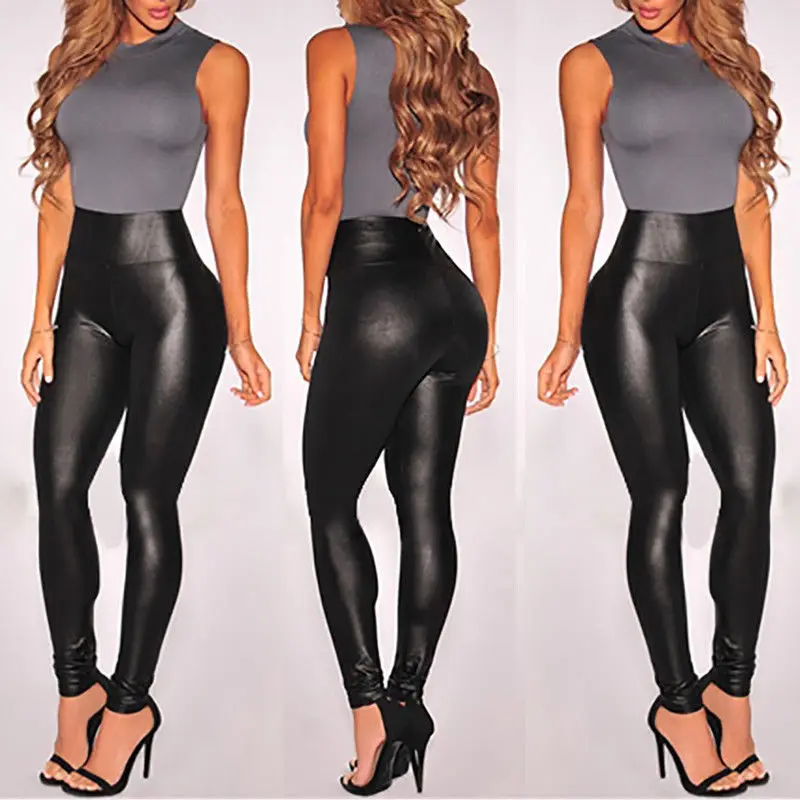 SEASUM Faux Leather Leggings for Women Stretchy High Waisted Butt Lifting  Black Pleather Pants Outfit Sexy PU Leggings Tights