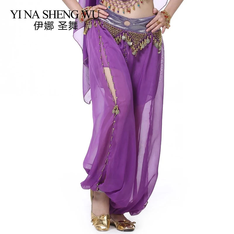 

Indian Dance Pants Women's Harem Pants Belly Dance Chiffon Sequins Hanging Coins Bloomers 1pc Dance Performance Pants 10 Colors