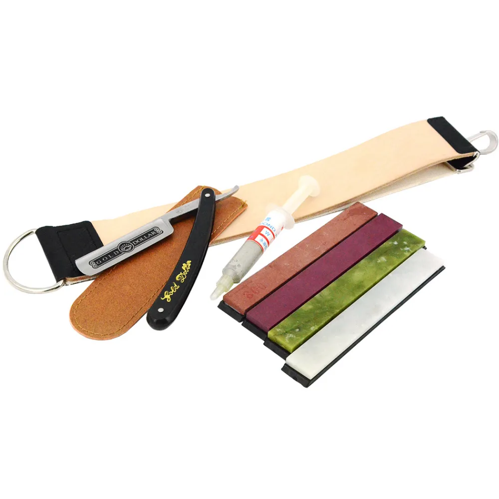 

ZY Straight Shaving Razor Set For Man Gold Dollar 66 Sharpening Knife Stone Leather Strop Polishing Paste Barber Shave Tool