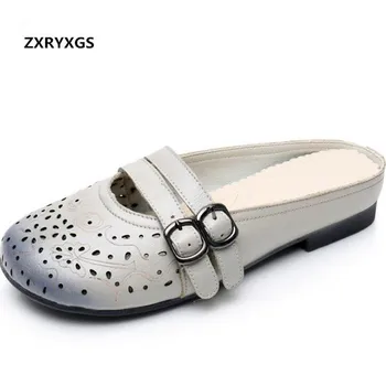 

National style slippers female sandals new 2019 summer hollow genuine leather shoes comfortable soft bottom flat women sandals