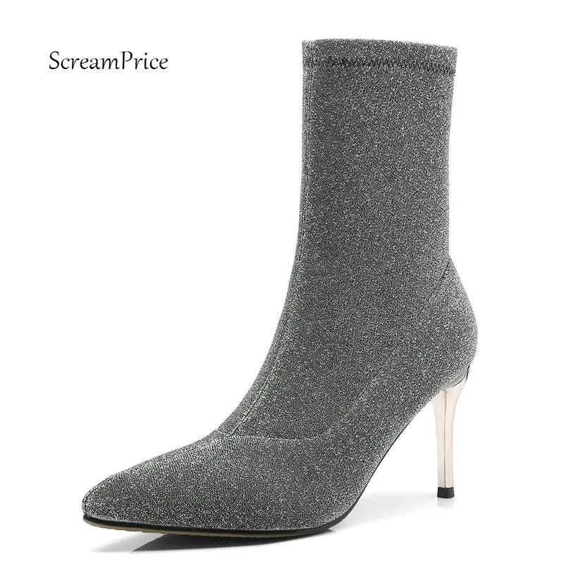 

Ladies Sequined Cloth Thin High Heel Ankle Boots Fashion Slip On Pointed Toe Fall Winter Stretch Bootie Black Red Silver