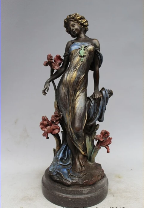 

11"China Western Art sculpture Bronze Marble Flower Women Bell Statue