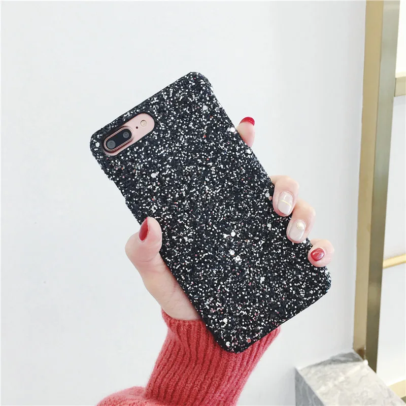 Matcheasy Hard PC Phone Cases for Iphone 7 8 6 6S Plus Back Cover Glitter Bling Shiny Powder Coque for Iphone X Cases Fundas - Цвет: BK