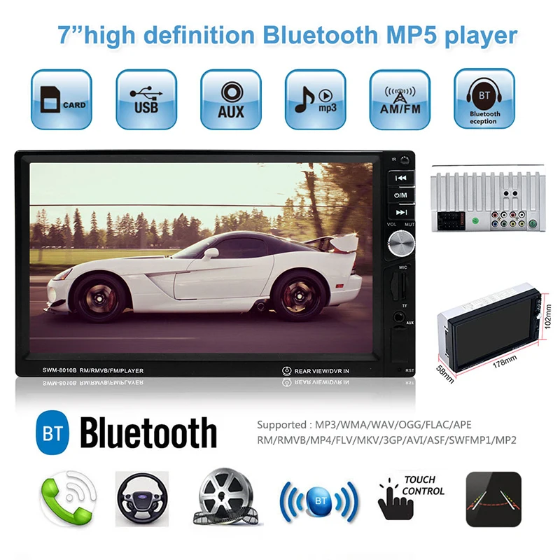 

7inch HD Touch Screen Smart Bluetooth Hand-free Call MP5 Player Back Up Rear View Camera 1080P Video Play FM Stereo Radio