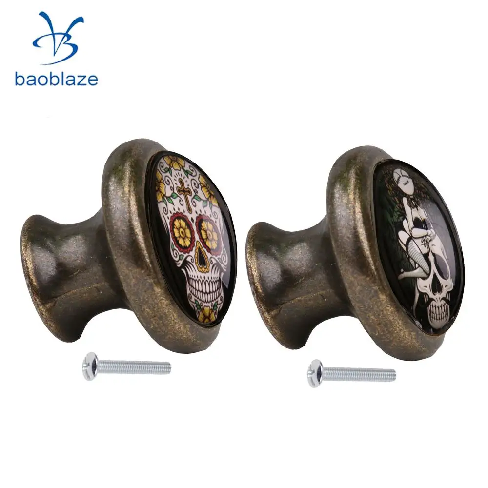 2pcs Skull Pattern Vintage Metal Door Knob Cupboard Bin Drawer