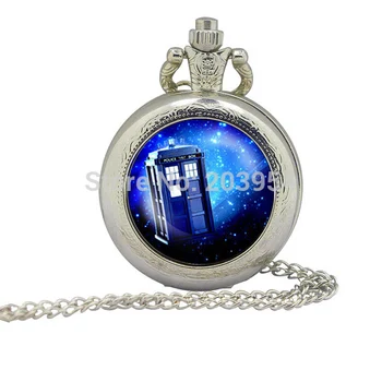 

Antique dr Doctor Who tardis Steel Pocket Watches 12pcs/lot men quartz steampunk Necklace blue Police Box in Space Glass Locket