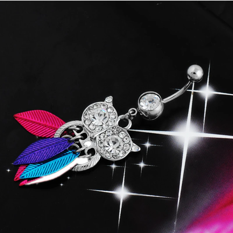 

Piercing Navel Button Retro Body 1Pcs Stainless Steel Belly Ring Owl Leaves Rhinestone