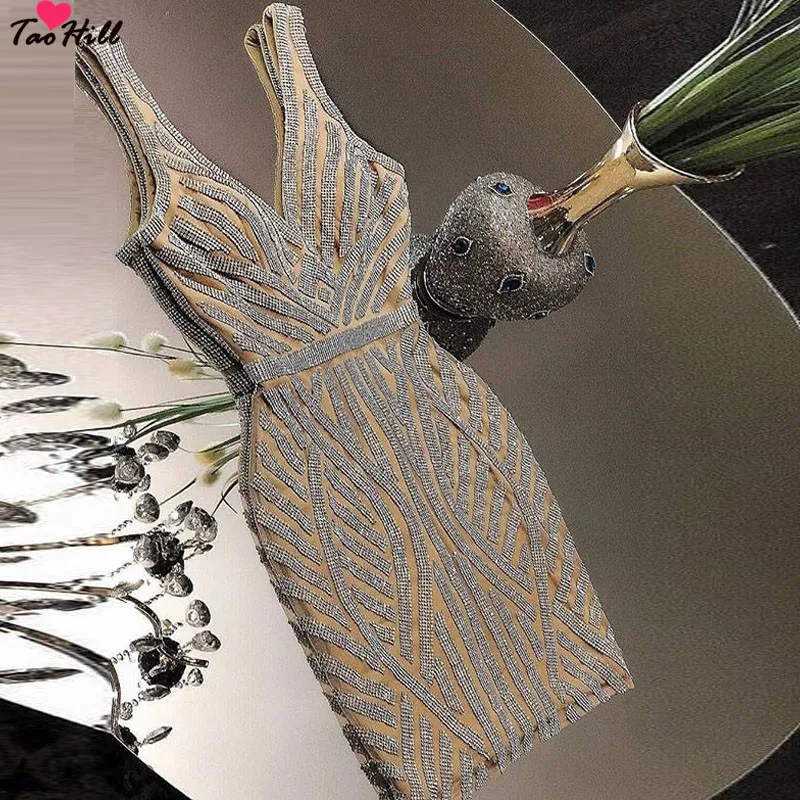 TaoHill Champagne Cocktail Dresses Sparkle Crystal Beaded Short Homecoming Dress Double V-neck Sexy Shiny Mini Prom Gowns