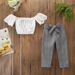 ISHOWTIENDA/Коллекция 2019 года, одежда для маленьких девочек топы с открытыми плечами + длинные клетчатые штаны, комплект, модная одежда на весну и