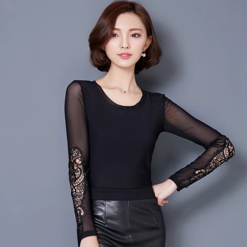 Women Slim Black Hollow Lace Shirt 2018 Spring Summer New Hot Fashion ...