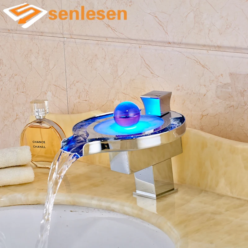 

Deck Mounted Chrome Finish Bathroom Lavatory Sink Faucet with LED Light Changing