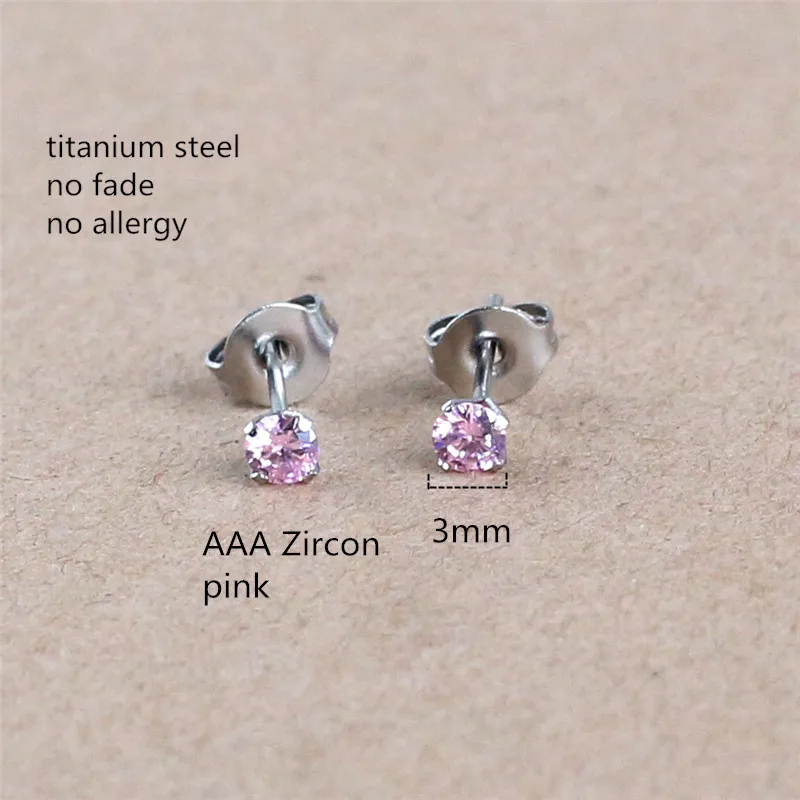 3mm Pink Zircon Round Stud Earrings 316l Stainless Steel Ip Planting No