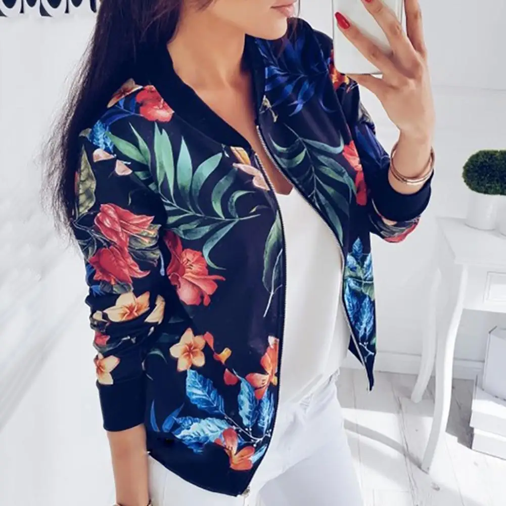 

Plus Size Fashion Flower Leaves Printing Women Long Sleeve Lady Baseball Sports Outwear Sweatshirt Overcoat Jacket Zipper Coat