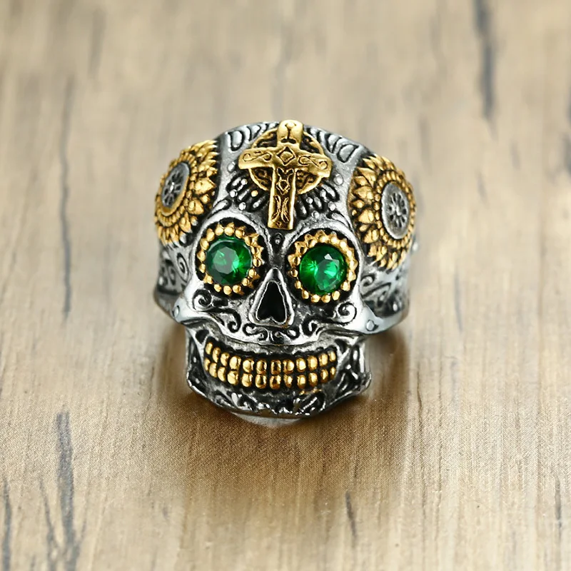 Skull Wreath Emerald Green Eyes Ancientry Gold EP Mens Ring Size 9-10-11 