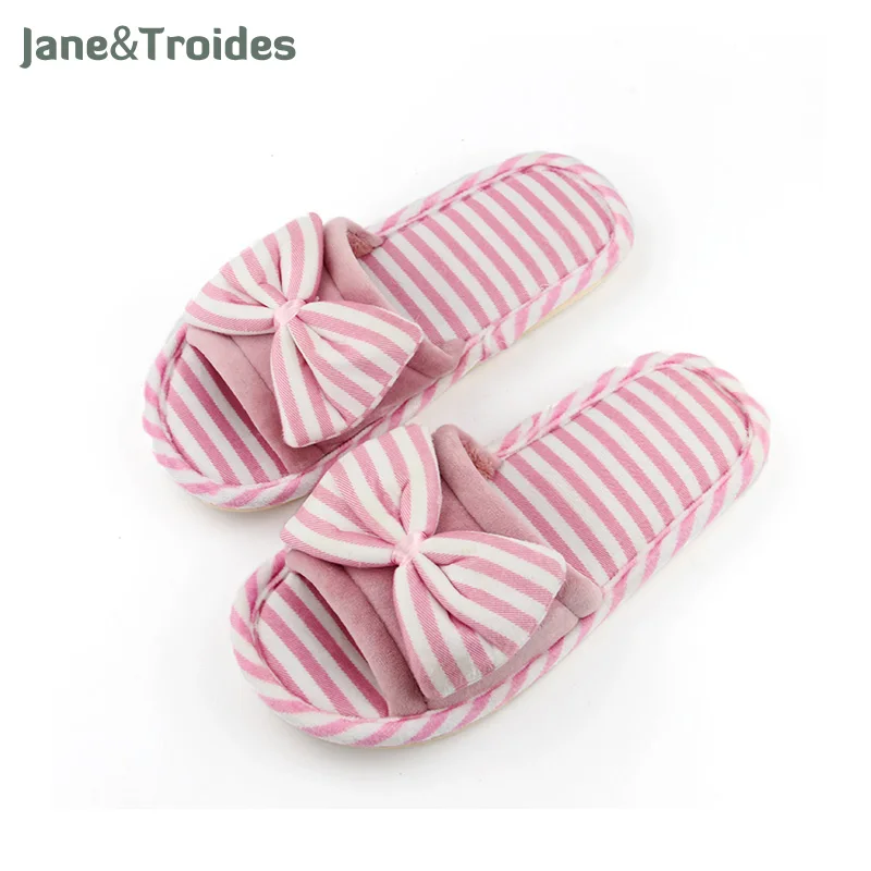 

Autumn Cotton Home Slippers For Women Striped Big Bow Decorate Open Toe Floor Flip Flops Fashion Indoor Woman Shoes