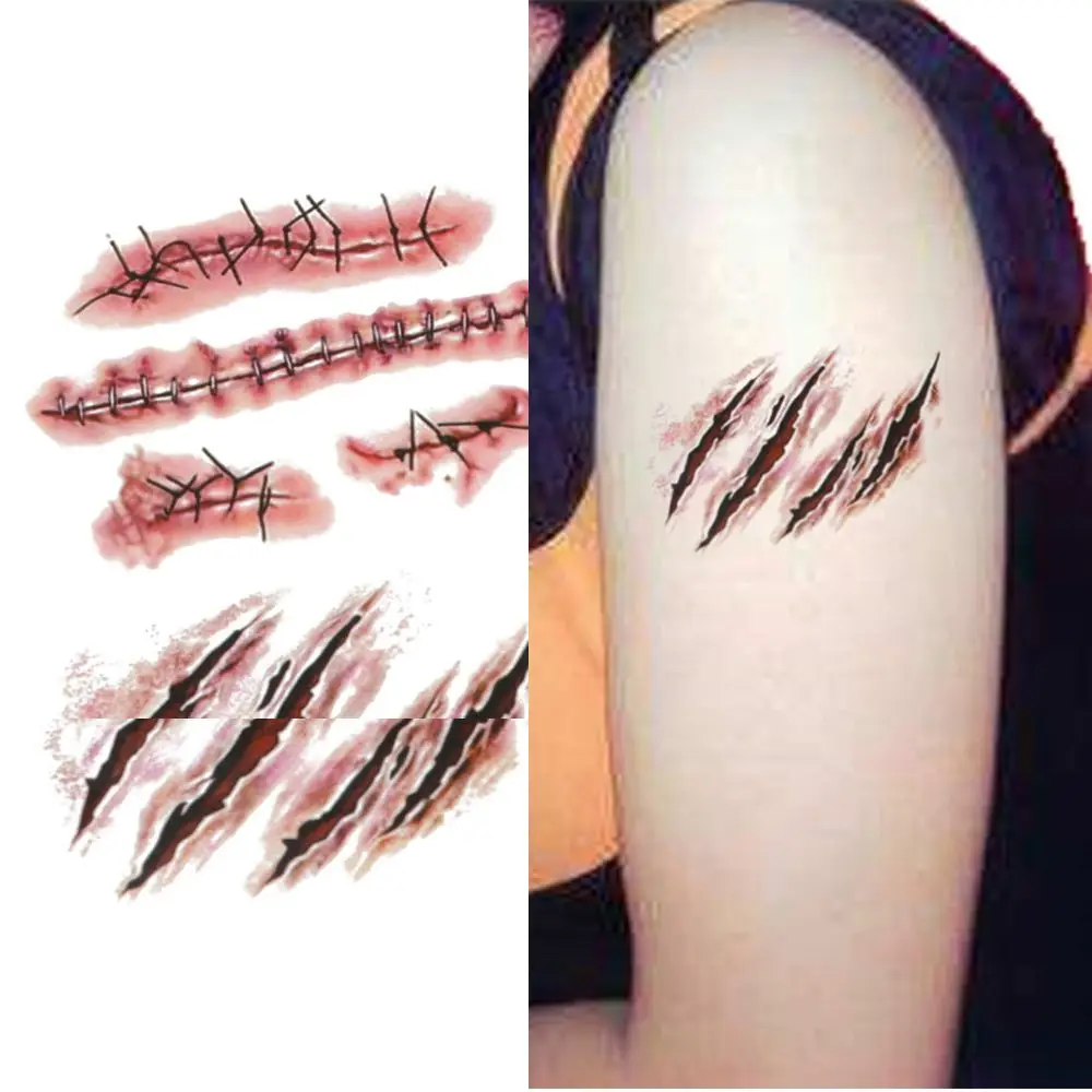 10 Pcs Halloween Zombie Scars Tattoos With Fake Scab Blood Special