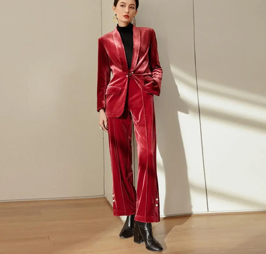 Gold velvet 2 pieces sets blazers suits female fashion vintage style blazers + pants sets 2018 autumn new pant suits gx1360