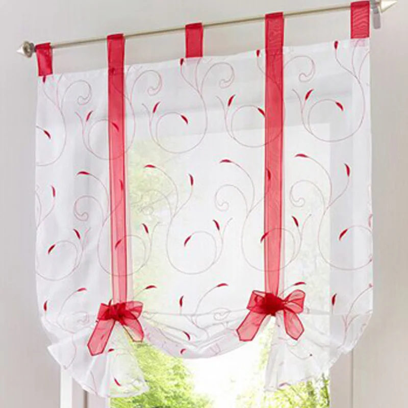 

Roman shade European embroidery style tie up window curtain kitchen curtain voile sheer tab top window cortinas