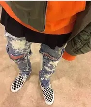2017 Новый Спрей Краска Уничтожено Байкер Джинсы Тощий Fit Сжатые Лодыжки Vintage Индиго Рваные Джинсы Стрейч Бесплатная Доставка